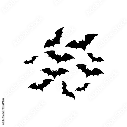 Cave black bats group, vector Halloween background. Flying fox night creatures illustration. Silhouettes of flying bats traditional Halloween symbols.