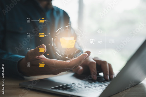 Document management concept with virtual screen icons, Document Management System (DMS) Online Document Data base and process automation to manage files efficiently.