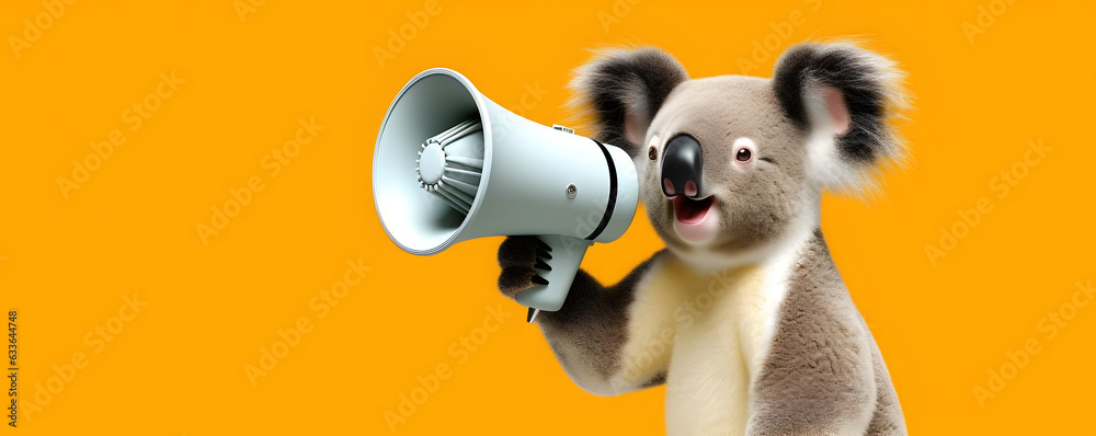 Naklejka premium Koala bear announcing using hand speaker. Notifying, warning, announcement