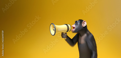 Chimpanzee monkey announcing using hand speaker. Notifying, warning, announcement