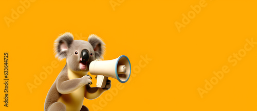 Koala bear announcing using hand speaker. Notifying, warning, announcement