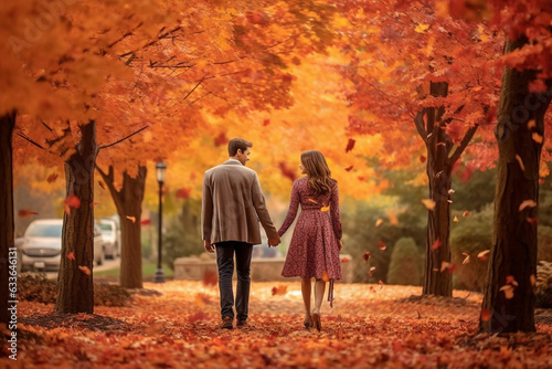 Romantic couple walking in autumn season park with yellow trees around