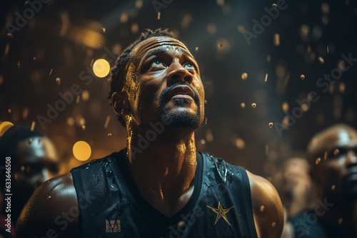 African american basketball player looking up on dark arena background