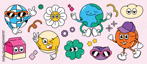 Set of 70s groovy element vector. Collection of cartoon characters, doodle smile face, wireframe, ball, world, carton, flower, basketball. Cute retro groovy hippie design for decorative, sticker.