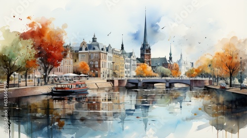 Vector illustration of the city of Amsterdam, the capital of the Netherlands (Europe), on the banks of the Amstel river. Design. Diagram. Illustration. Color. Art. Decoration. City