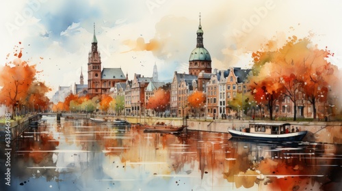 Vector illustration of the city of Amsterdam, the capital of the Netherlands (Europe), on the banks of the Amstel river. Design. Diagram. Illustration. Color. Art. Decoration. City