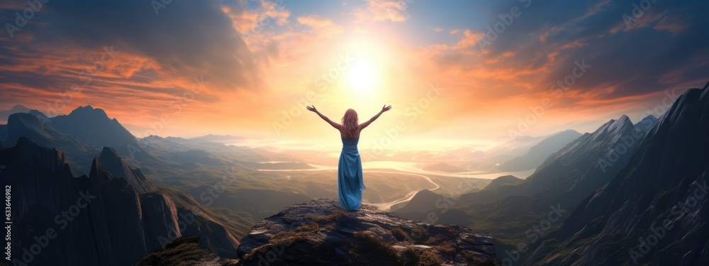 Woman standing on top of the mountain with arms outstretched against the mountain scenery