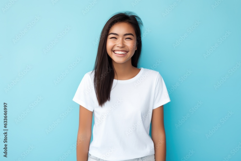 Woman posing with arms crossed on blue background