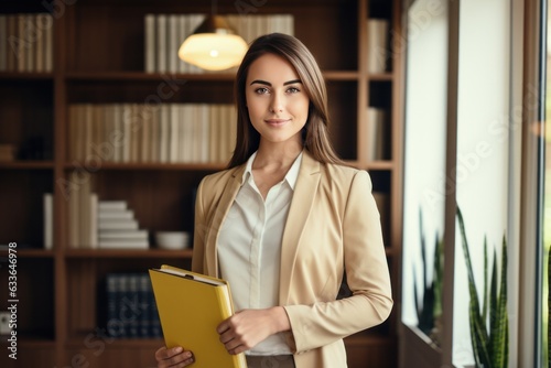 Beautiful young professional woman holding office folder while standing in th...