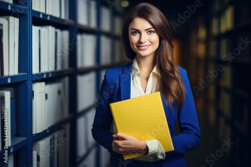 Beautiful young professional woman holding office folder while standing in th...