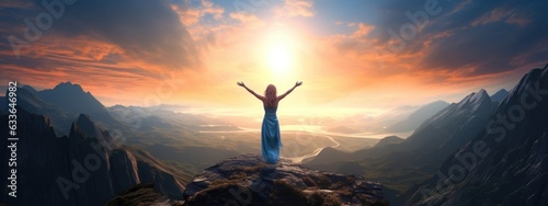 Woman standing on top of the mountain with arms outstretched against the moun...