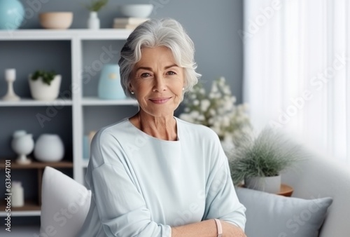 Attractive elderly woman standing in office at home