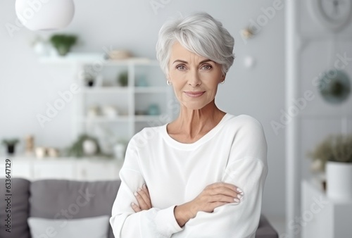 Attractive elderly woman standing in office at home