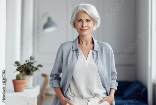 Attractive elderly woman standing in office at home
