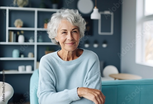 Attractive elderly woman standing in office at home