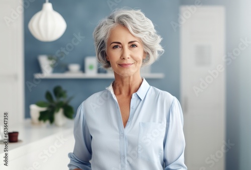 Attractive elderly woman standing in office at home
