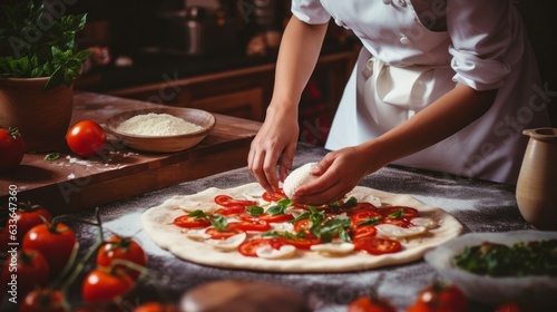 Woman is cooking italian pizza