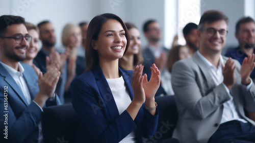 Conference  team of coworkers clapping hands for success of presentation  Support  achievement and diverse group of people applauding together in business meeting. 