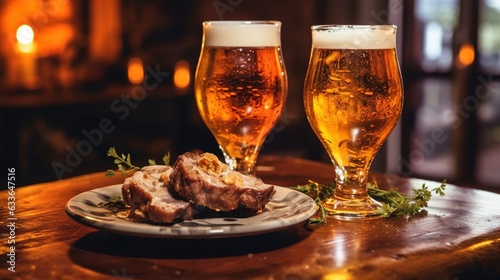 a glass of beer with a meat snack on a wooden table. Generative AI