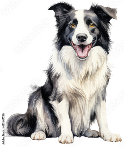 Leinwand Poster Watercolour illustration of a sitting happy border collie dog, animal clipart is