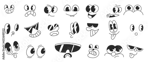 Set of 70s groovy comic faces vector. Collection of cartoon character faces, in different emotions, happy, angry, sad, cheerful. Cute retro groovy hippie illustration for decorative, sticker.