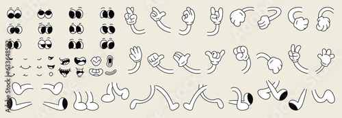 Set of 70s groovy comic faces vector. Collection of cartoon character faces, leg, hand in different emotions happy, angry, sad, cheerful. Cute retro groovy hippie illustration for decorative, sticker. photo