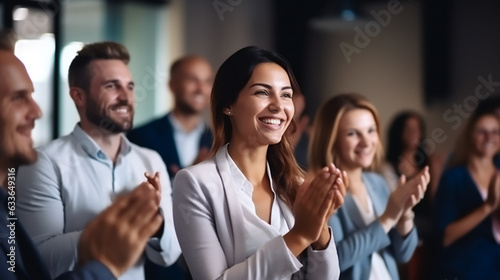 Conference, team of coworkers clapping hands for success of presentation  Support, achievement and diverse group of people applauding together in business meeting. 