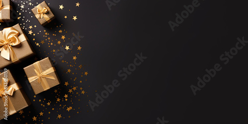 christmas gift boxes with stars, beautiful banner with copy space on a dark background