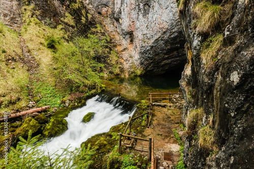 water source pießling ursprung in austria with a waterfall