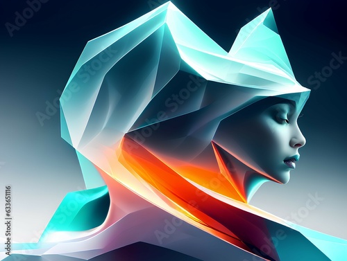 Blue, orange and pink abstract background with female face. Wallpaper with shapes. Generative AI.