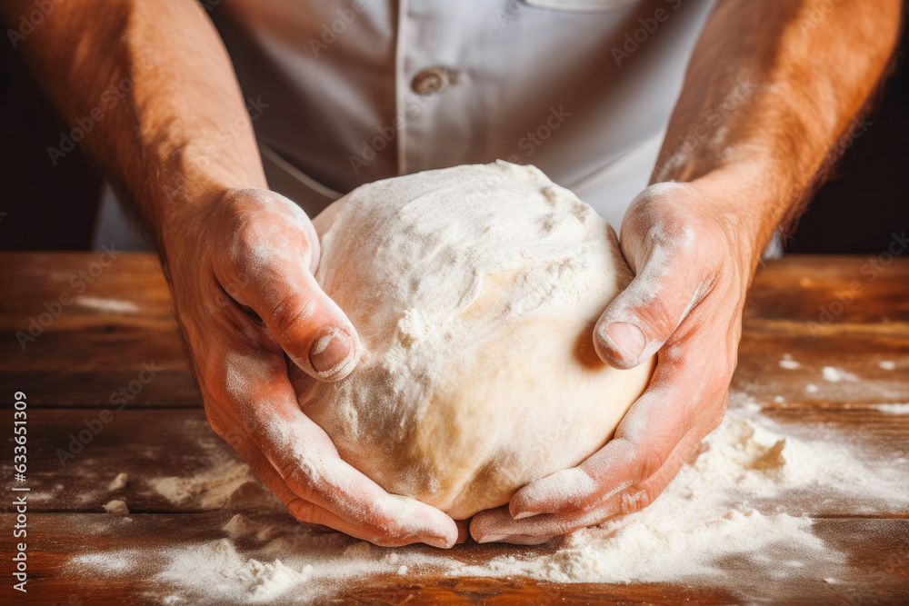 Hands of baker kneading dough. Closeup of male hands kneading bread dough.