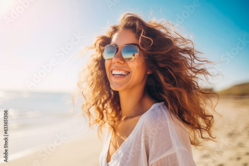 Happy beautiful young woman smiling at the beach.