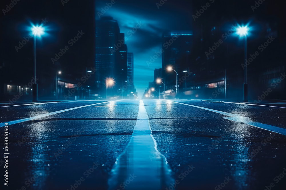Dark street wet asphalt reflections of rays in the water puddles. Dark street wet asphalt reflections of rays in the water puddles.