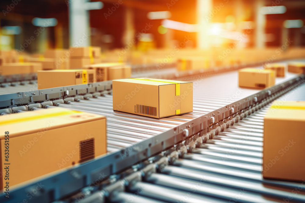Closeup of multiple cardboard box packages seamlessly on conveyor belt. Closeup of multiple cardboard box packages seamlessly on conveyor belt.