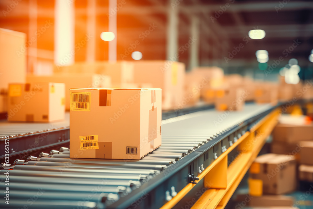 Closeup of multiple cardboard box packages seamlessly on conveyor belt. Closeup of multiple cardboard box packages seamlessly on conveyor belt.