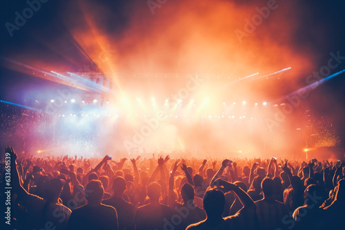 Crowd partying at live concert summer music festival. Stage lights on stage at festival. © VisualProduction