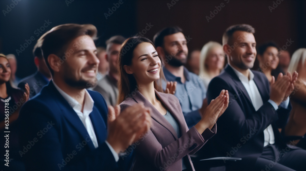 Obraz premium Conference, team of coworkers clapping hands for success of presentation Support, achievement and diverse group of people applauding together in business meeting. 