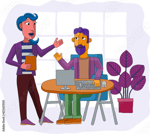 A woman and a man at work business illustration of an office scene with a computer workstation. In an original abstract cubist flat modern cartoon style.
