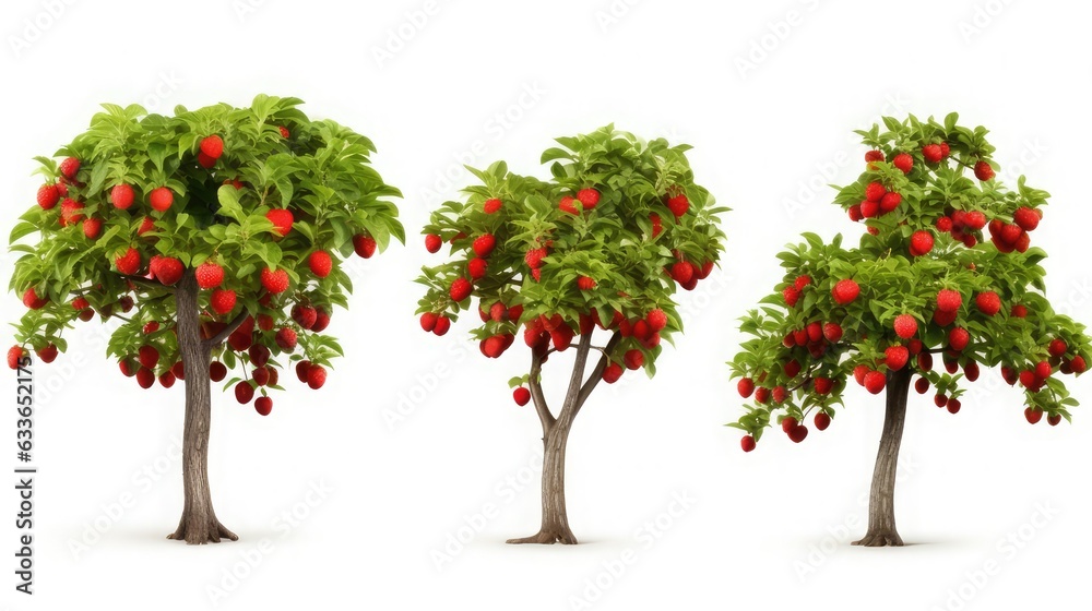 High-definition collection of strawberry trees isolated on white background