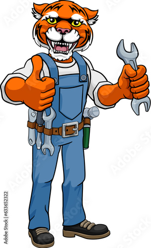 A tiger cartoon animal mascot plumber, mechanic or handyman builder construction maintenance contractor holding a spanner or wrench and giving a thumbs up