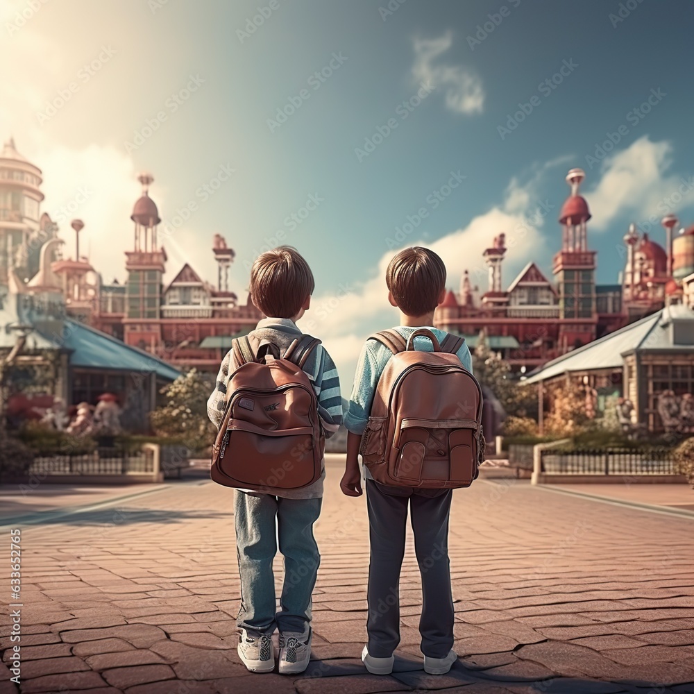 Two little friends with school bags on the school playground, Generative AI