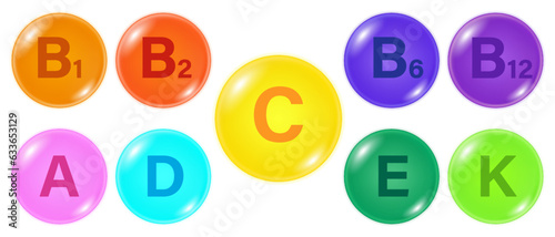 Vitamin B1, B2, B6, B12, C, A, D, E and K vector. Set of Multi Vitamin complex icons. Multivitamin supplement.