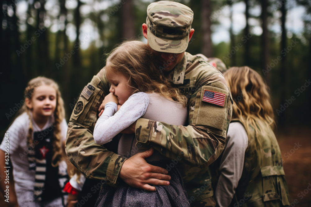 Soldier embracing his wife and kids on his homecoming