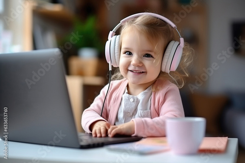 Infant girl using laptop remote working at home office looking at computer talking having hybrid virtual meeting learning english communicating by video call, elearning webinar