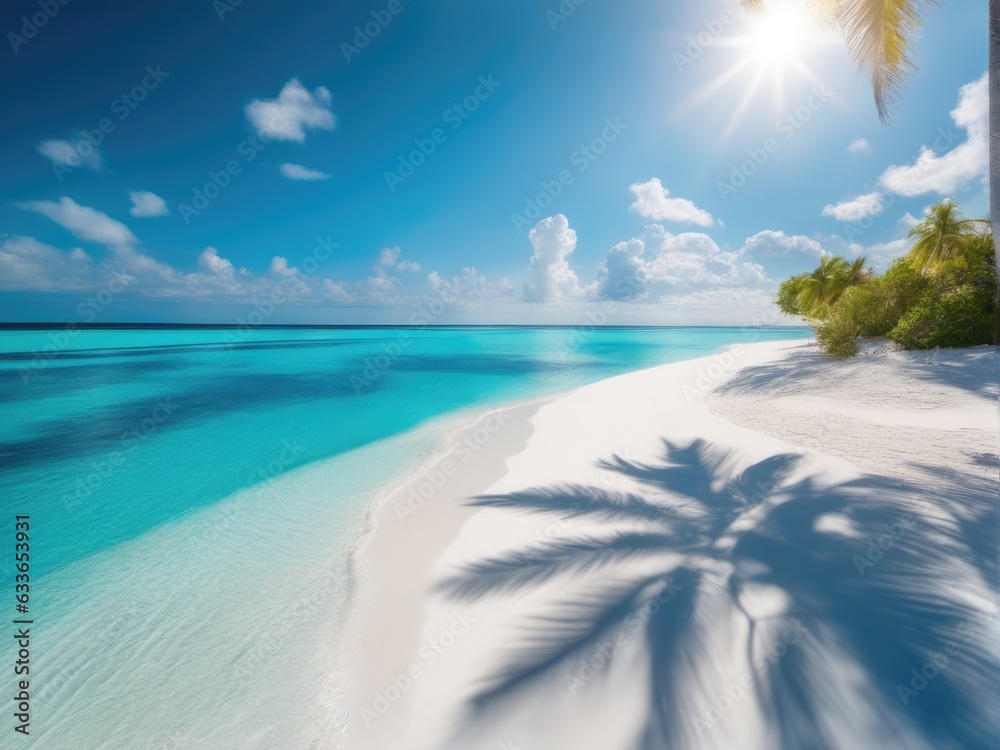 Beautiful tropical beach with white sand, palm trees, turquoise ocean against blue sky with clouds on sunny summer day.