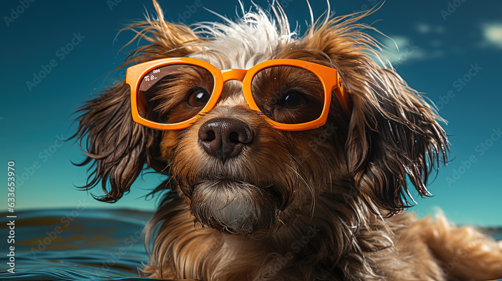 a dog with a pool ring with sunglasses on its nose, in the style of light indigo and yellow
