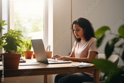 Young woman, female latin employee using laptop remote working at home office looking at computer talking having hybrid virtual meeting learning english communicating by video call, elearning webinar photo