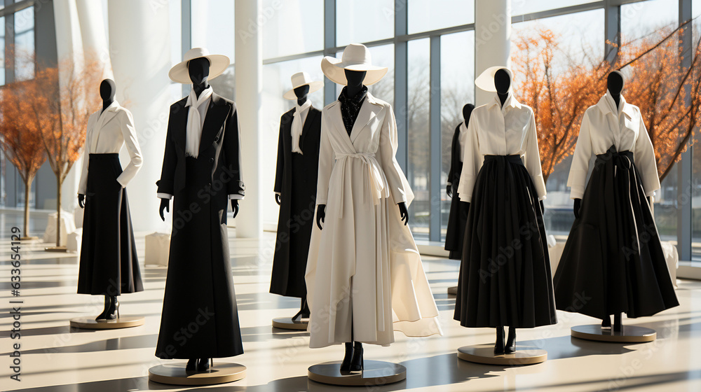 fashion show at a clothing store, in the style of light white and dark black, sparse and simple fashion show at a clothing store, in the style of light white and dark black, sparse and simple