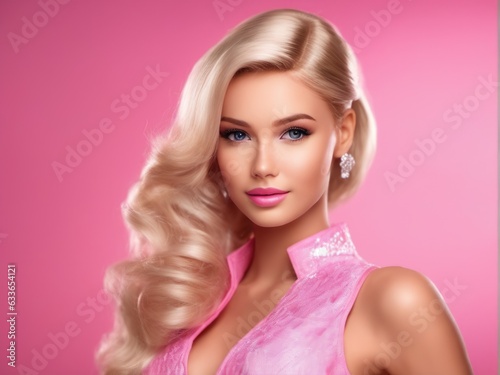 Cute blonde girl, doll style in fashion pink dress, studio pink background