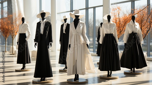 fashion show at a clothing store, in the style of light white and dark black, sparse and simple